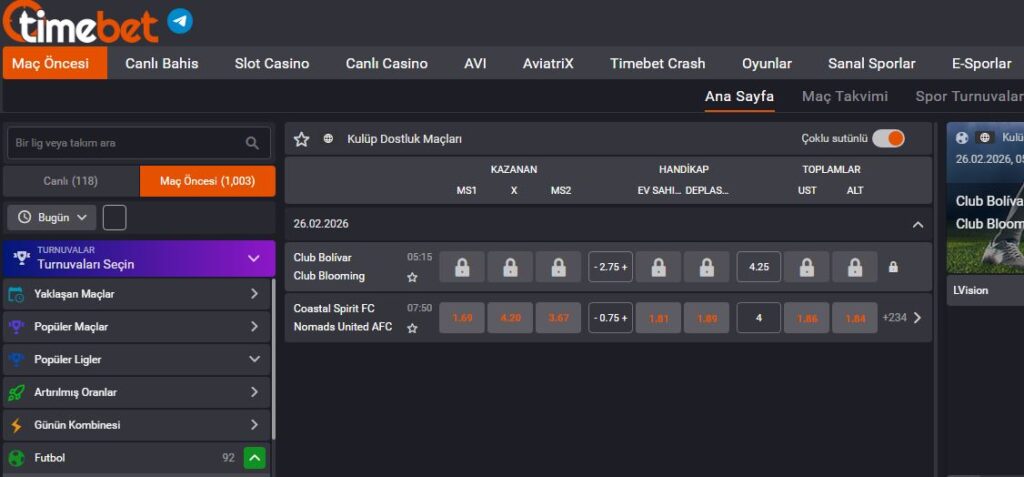 timebet spor bahisleri seçenekleri